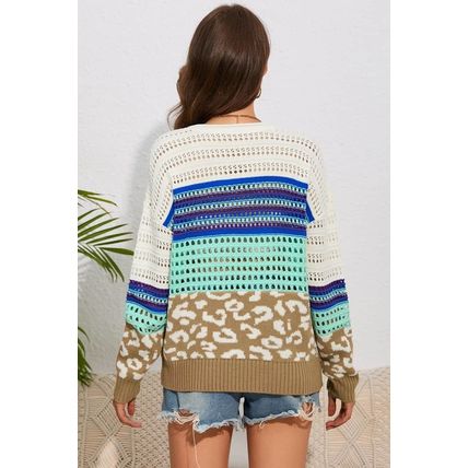 Multicolor Leopard Striped Mix Pattern Knit Crochet Sweater
