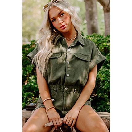 Moss Green Distressed Frayed Denim Romper