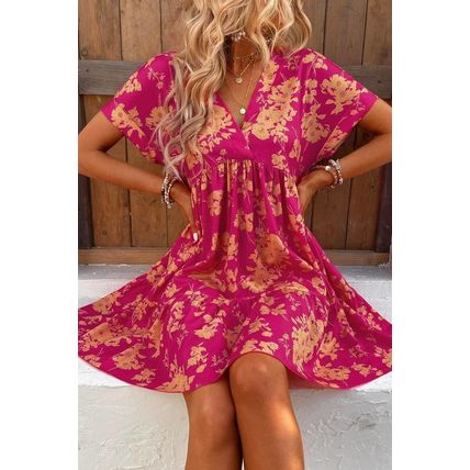 Rose Floral Print Batwing Sleeve Smock Dress