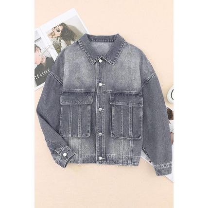 Gray Chest Pockets Drop Shoulder Loose Denim Jacket
