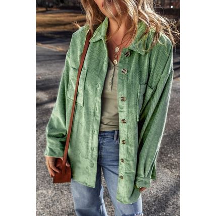 Mist Green Patched Pocket Button Up Corduroy Shacket