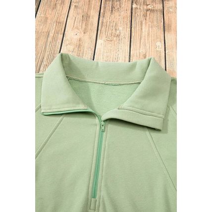 Smoke Green Quarter Zip Stand Neck Kangaroo Pocket Sweatshirt