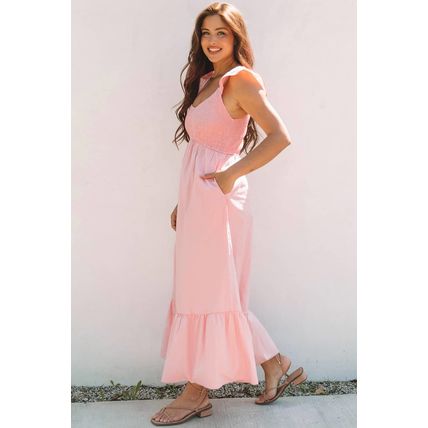 Pink V Neck Flutter Sleeve Smocked Bodice High Waist Ruffle Maxi Dress