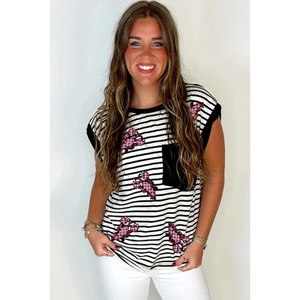 Black Stripe Sequined Lobster Patched Pocket Casual Tank Top