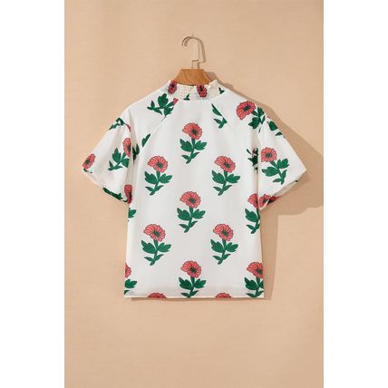 Beige Floral Print Shirred Split Neck Short Sleeve Blouse