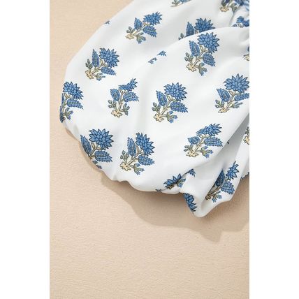 Sky Blue Floral Puff Sleeve Tied Neck Pocketed Mini Dress
