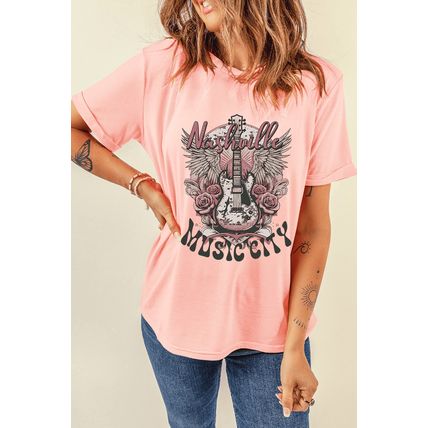 Pink Nashville MUSIC CITY Guitar Graphic Crewneck Tee
