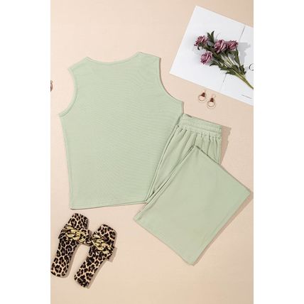 Smoke Green Textured Tank Top and Drawstring High Waist Pants Set