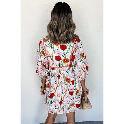 Beige Floral Print 3/4 Puff Sleeve Ricrac Trim Mini Dress