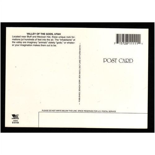 AMERICAN POST CARD - VALLEY OF THE GODS, UTAH - SEARCH CORP - UNUSED