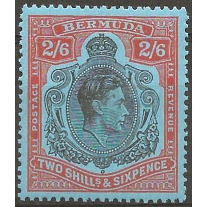 Bermuda 1950 SG117c 2/6d Black & Orange-Red/Pale Blue Perf 13 Mounted Mint .