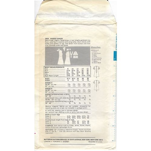 Butterick 3626 Sewing Pattern Misses Dress in 2 lengths Size 12 Used Ca. 1970s