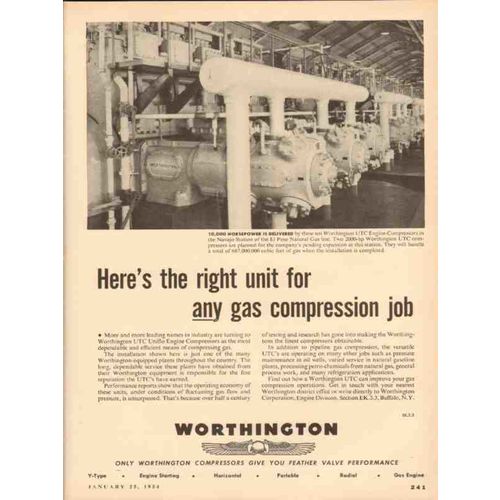 WORTHINGTON CORP 1954 right unit any gas compression job vintage ad