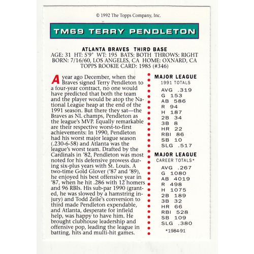 1992 Topps Magazine baseball TM69 Terry Pendleton insert card –NM- Braves
