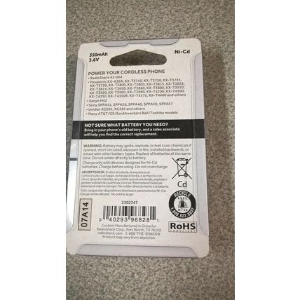 RadioShack 3.6V/350mAh Ni-Cd Cordless Phone Battery 2302347 for Panasonic kx-t