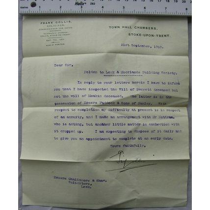 1910 letter Frank Collis, Stoke upon Trent