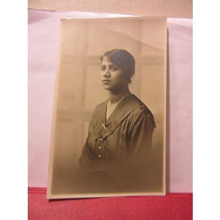 YOUNG LADY WITH A BAR BROOCH antique photograph postcard =