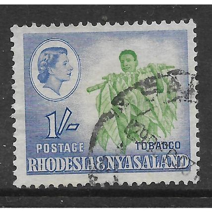 RHODESIA & NYASALAND 1959 1s.3d TUBACCO EMERALD & ULTRAMARINE SG 25 FINE USED