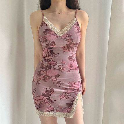Fairycore Grunge Print Floral Bodycon Mini Dress French Chic Elegant Lace Stitc