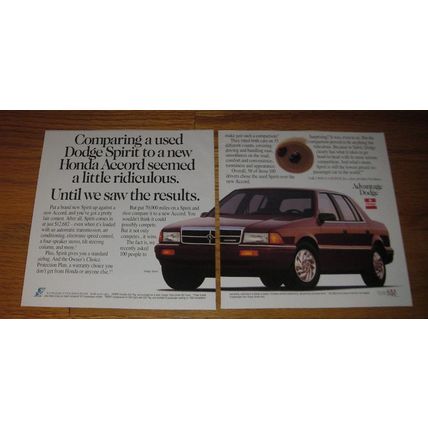 1992 Dodge Spirit Car Ad - Comparing a used Dodgre Spirit to a new Honda Accord