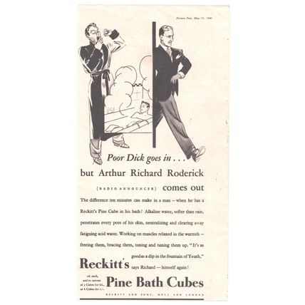 Reckitt's PINE BATH CUBES Radio Announcer : - Original 1940 WWII Magazine Advert