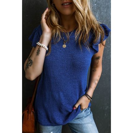 Dark Blue Ruffle Sleeve Knitted Sweater Top