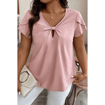 Pink Knotted Keyhole Front Petal Short Sleeve Plus Size Top