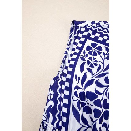 Dirty blue Shirred Waist V Neck Sleeveless Floral Print Midi Dress