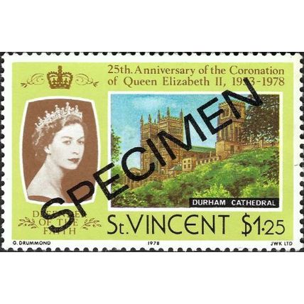 ST VINCENT, 25th anniversary of coronation. Durham Cathedral, yellow 1978, $1.25