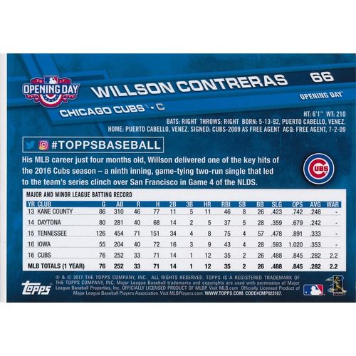 2017 Topps Opening Day 66 Willson Contreras Chicago Cubs