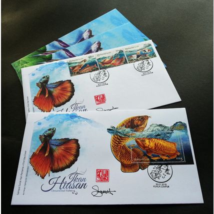 Malaysia Ornamental Fishes 2018 Pet Fish (FDC pair) *signed *gold foil *odd
