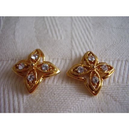 Vintage Earrings Quatrefoil Gothic Medieval Filigree Gold Plated White Crystal