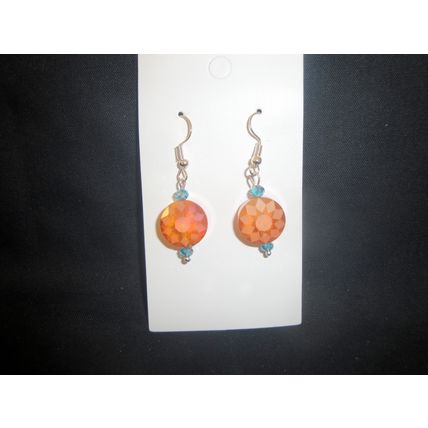 Beautiful orange round cut crystal & baby blue accent glass earrings