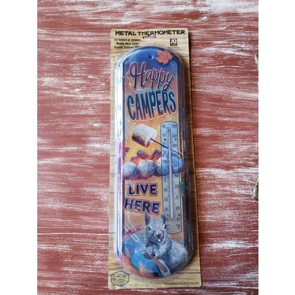 "Happy Campers Live Here" - Retro Large Metal Thermometer - Indoor/Outdoor