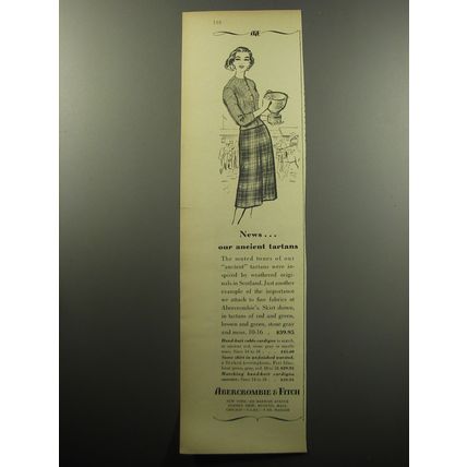 1957 Abercrombie & Fitch Cardigan and Skirt Advertisement - our ancient tartans