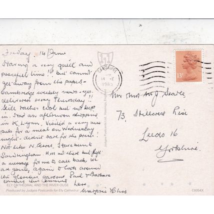 Ely Cathedral and river Ouse Postcard posted 1972 creased