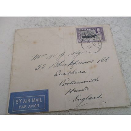 Ceylon - 1937 - 50 cent stamp - on envelope with Air Mail sticker.