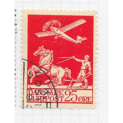 DENMARK DANMARK 1925 AIR AIRMAIL 25o PLANE HORSE FARMER PLOUGH USED SG226 Mi 145