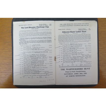 1953 BICESTER & WARDEN HILL HUNT POINT TO POINT RACECARD @ SLADE FARM KIRTLINGTO