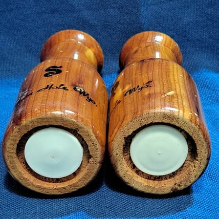 Vintage WOOD SALT & PEPPER SHAKERS Set Historic Jackson Hole Wyo Milk Jug Shape