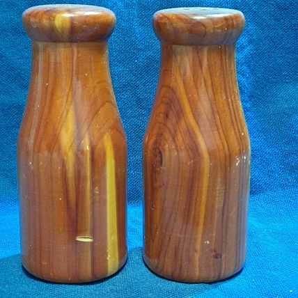 Vintage WOOD SALT & PEPPER SHAKERS Set Historic Jackson Hole Wyo Milk Jug Shape
