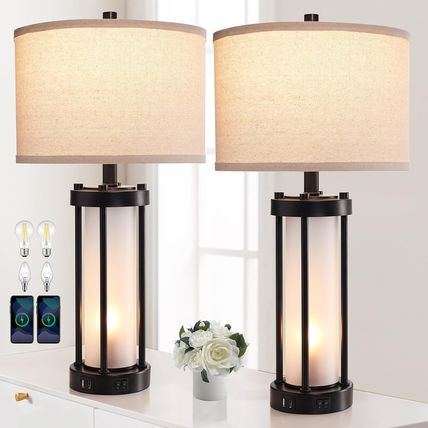 RORIA Set of 2 Modern Table Lamps for Living Room with 2 USB Ports, White Froste
