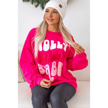 Rose Red Christmas Holly Jolly Babe Graphic Oversized Sweatshirt