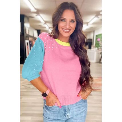 Rose Red Pearled Colorblock Crew Neck Half Sleeve Sweater