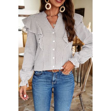 Brown Plaid Flounce Sleeve Notched Neck Ruffled Shirt