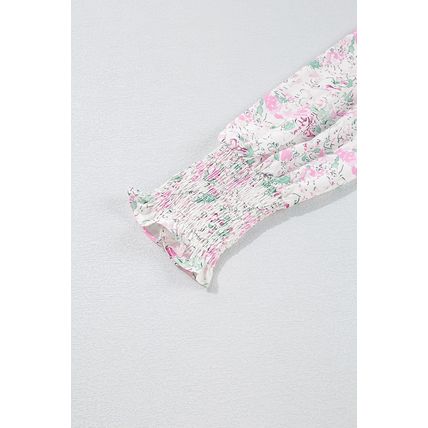Pink Floral Print Shirred Balloon Sleeve Keyhole Back Babydoll Blouse