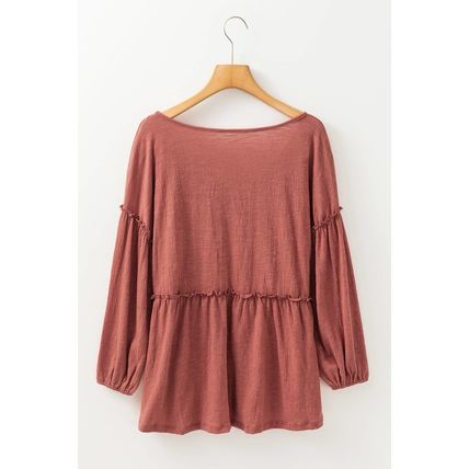 Mineral Red Solid Color Textured Frilled Trim V Neck Puff Sleeve Blouse