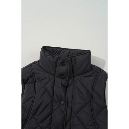 Black Quilted High Neck Button Up Pocket Vest Coat