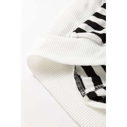 Black white Oversized Striped Henley Buttons Dolman Sleeve Hooded Top
