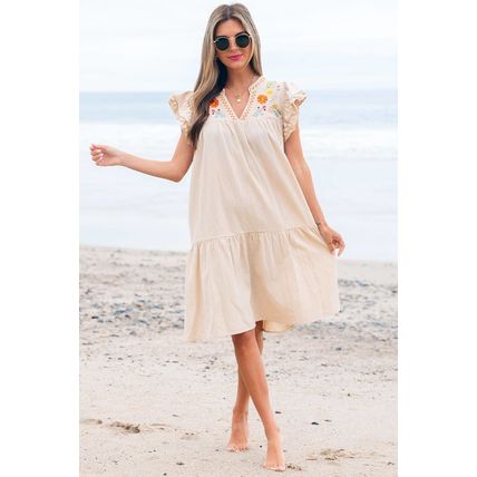 Jet Stream Linen Embroidery Split Neck Pom Pom Ruffle Sleeves Flowy Short Dress